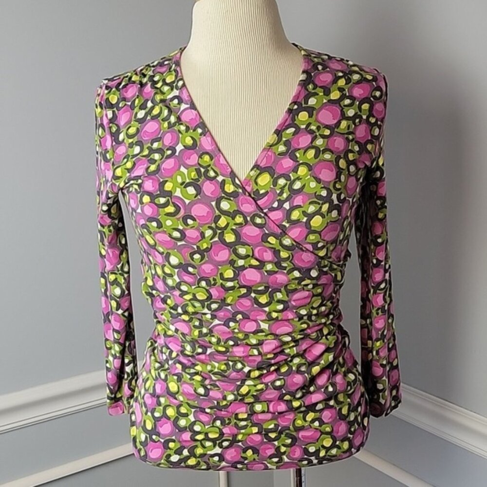 BODEN Floral Abstract Print V-Neck Ruched Faux Wrap Stretch Bodycon Fitted Top 6